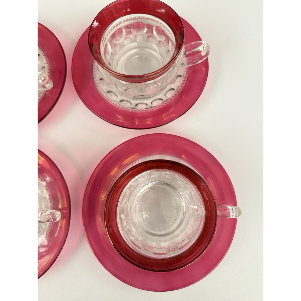 Indiana Glass Kings Crown Cranberry Thumbprint 8 pcs. Tea cups Saucers (4 Sets) - Picture 3 of 7